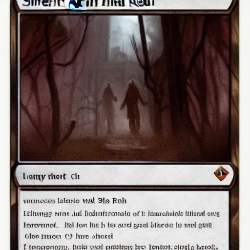 Prompt: silent hill as a magic the gathering card, realistic,