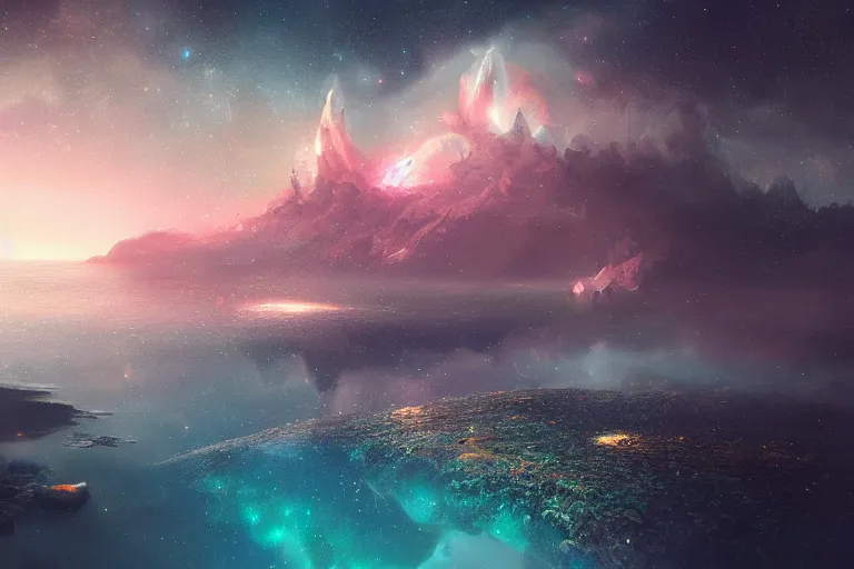 Image similar to the night sky is an upside down ocean, the stars are fish in the depths, the night sky is a sea, distant nebula are glowing algae fantasy painting by jessica rossier