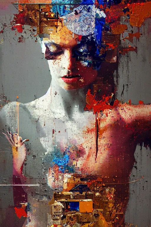 Image similar to a beautiful glitched painting by robert proch of a woman in a glitched bathroom, metal rust and plaster materials, pixel sorting, color bleeding, brushstrokes by jeremy mann, still life, dark colors