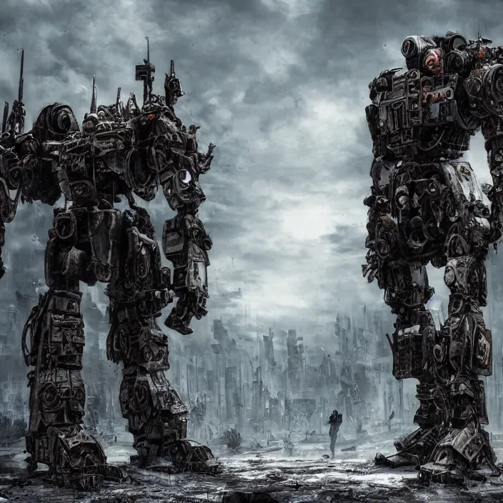 Image similar to gritty apocalyptic scene of human standing next to mech - warrior, hyper - detailed, sharp focus, 4 k ultra hd, fantasy dark art, apocalyptic art