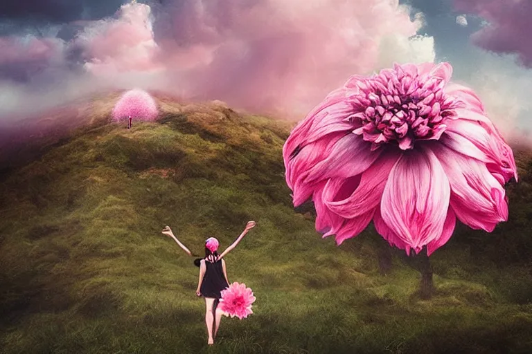 Image similar to giant dahlia flower crown under head, girl walking on mountain, surreal photography, pink storm clouds, dramatic light, impressionist painting, digital painting, artstation, simon stalenhag