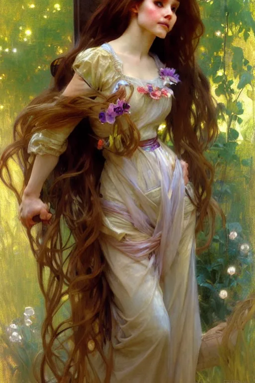 Image similar to rapunzel, painting by daniel gerhartz, alphonse mucha, bouguereau, detailed art, artstation