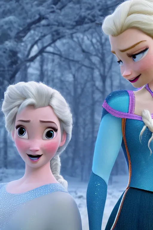 Prompt: Tessa Thompson and Evan Rachel Wood as Anna and Elsa, 3d render, Pixar