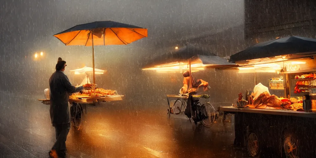 Image similar to Street food vendor prepares your meal as it rains, cozy wallpaper, 4k, high details, volumetric dynamic lighting, motion blur, blur, bokeh, trending on Artstation, award-winning, art by Greg Rutkowski