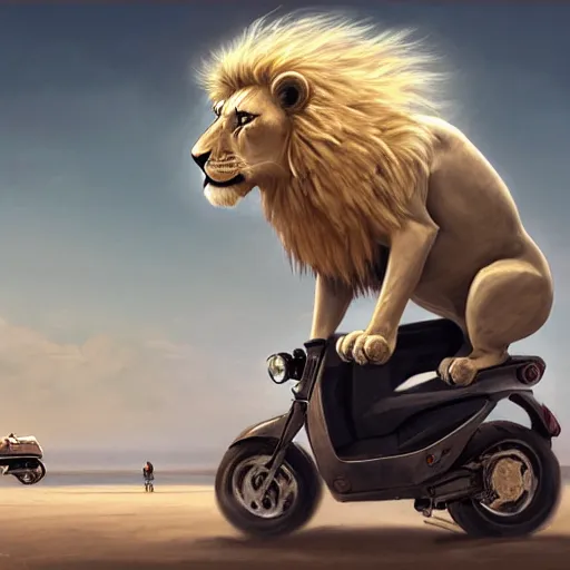 Image similar to commission of a male anthropomorphic albino lion driving a scooter on a beach,digital art,art by greg rutkowski,trevor henderson,ross tran,photorealistic,hyperdetailes,highly realistic,natural lighting,deviantart,artstation,dramatic,cinematic,4k,western comic style