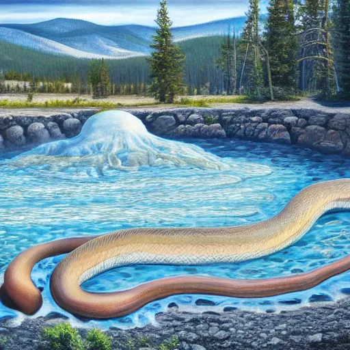 Image similar to oversized snake in a hotspring at yellowstone national park, highly detailed oil painting, featured on artstation