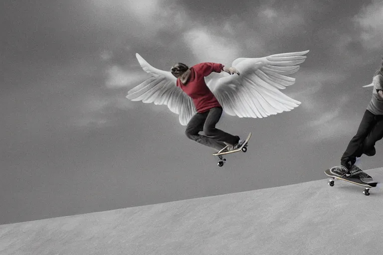 Image similar to angels skateboarding in heaven, 4 k hdr, high resolution, smooth, sharp focus, award - winning photo