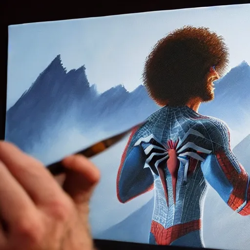 Image similar to a closeup photorealistic photograph of bob ross working on a canvas painting of spiderman. film still. brightly lit scene. mountains and trees. this 4 k hd image is trending on artstation, featured on behance, well - rendered, extra crisp, features intricate detail, epic composition and the style of unreal engine.