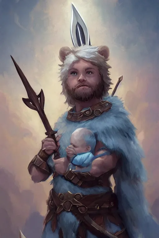 Image similar to Cute Francis pope holding a trident of Poseidon, Francisco pope, tiny, small, miniature bear, baby , short, pale blue armor, cute and adorable, pretty, beautiful, DnD character art portrait, matte fantasy painting, cgsociety Artstation, by Jason Felix by Steve Argyle by Tyler Jacobson by Peter Mohrbacher, cinematic lighting