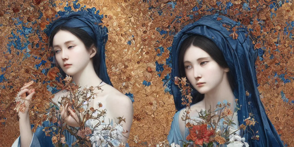 Image similar to breathtaking detailed concept art painting portrait of the goddess of nemophila flowers, orthodox saint, with anxious piercing eyes, ornate background, amalgamation of leaves and flowers, by hsiao - ron cheng, extremely moody lighting, 8 k