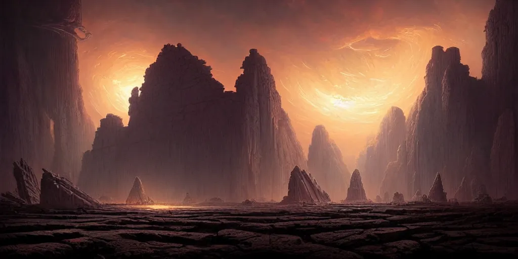 Image similar to strange surface of another planet at sunset ruins of ancient civilization, ultra high definition, ultra detailed, symmetry, god rays, sci - fi, dark fantasy, by greg rutkowski and ross tran