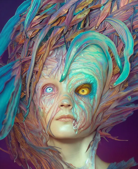 Image similar to filigreed colorful transparent portrait of a terrifying beautiful alien sea creature, fronds, mottled coloring, adorable, childlike, horror environment, ultra realistic, concept art, art nouveau, photorealistic, octane render, 8 k, unreal engine. art by christopher marley and artgerm and greg rutkowski and alphonse mucha