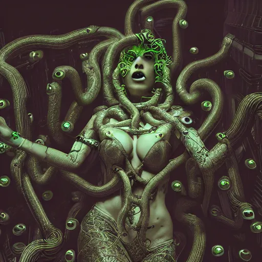 Image similar to Cyberpunk medusa, dark atmosphere, cinematic shot, intricate, ornate, photorealistic, ultra detailed, realistic, 35mm, photography, neon, octane, high definition, depth of field, bokeh, 8k, artstation