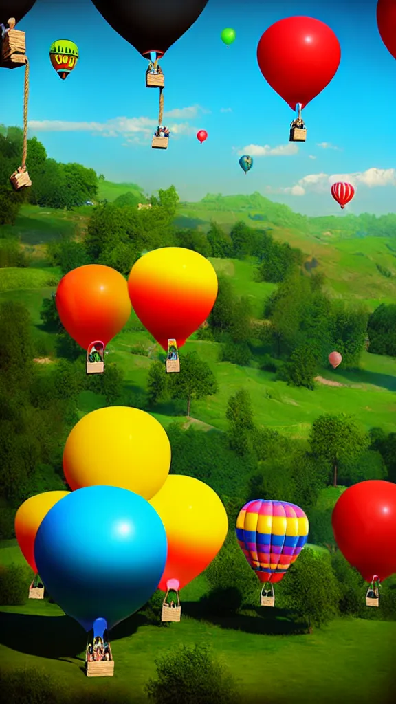 Image similar to large colorful balloons with people on rope swings underneath, flying high over the beautiful countryside landscape, professional painting, realistic, detailed, digital art, unreal engine