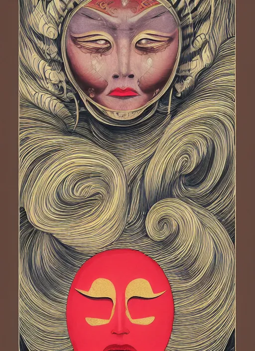 Image similar to portrait of a woman with a mask on his face in the form of a spiral in a golden kimono, full face, against the background of a bright red moon, sad motif, by hisashi eguchi, kentaro miura, and yoshitaka amano, soft colors, futuristic, 8 k