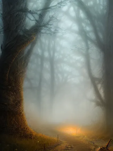 Image similar to rural crossroads fog. intricate, elegant, highly detailed, digital painting, artstation, concept art, sharp focus, illustration, by justin gerard and artgerm, 8 k