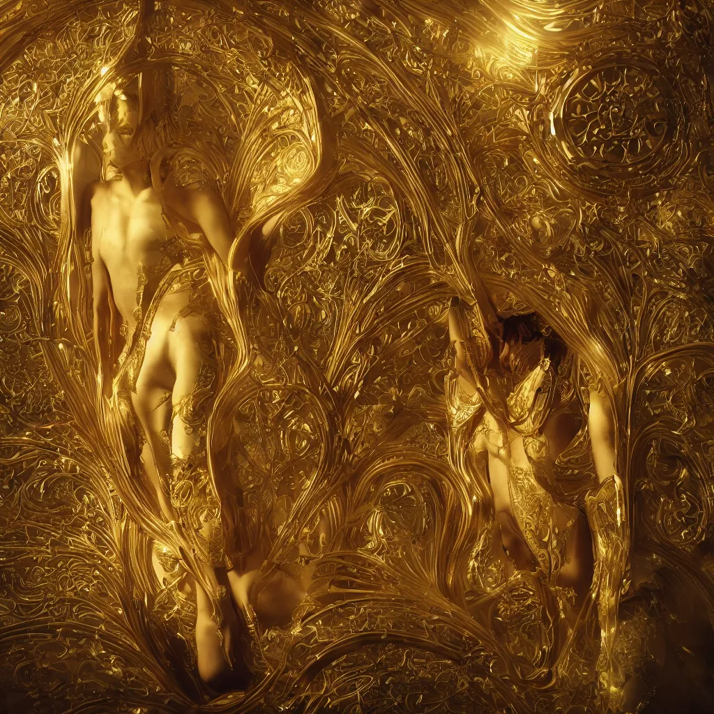 Image similar to human body shining thin golden Art Nouveau curs from inside, cinematic realistic photo, octane render