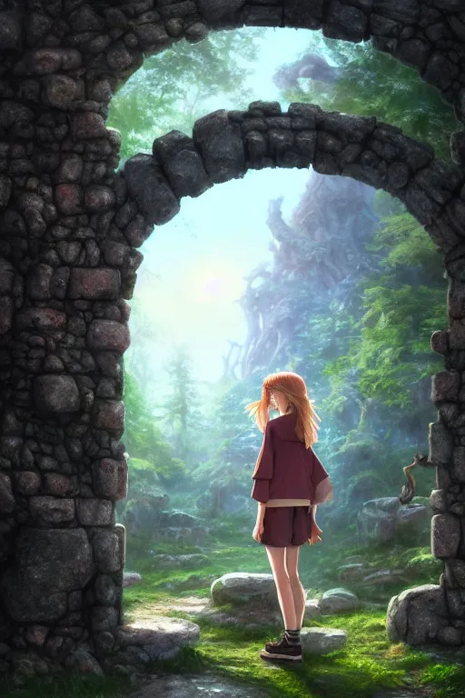 Image similar to a highly detailed matte painting of a teenager with shaggy hair and hip clothes standing in front of a stone gate in the elven forest ruins, by studio ghibli, by artgerm, by wlop, by greg rutkowski, red tones, volumetric lighting, octane render, 4 k resolution, trending on artstation, masterpiece