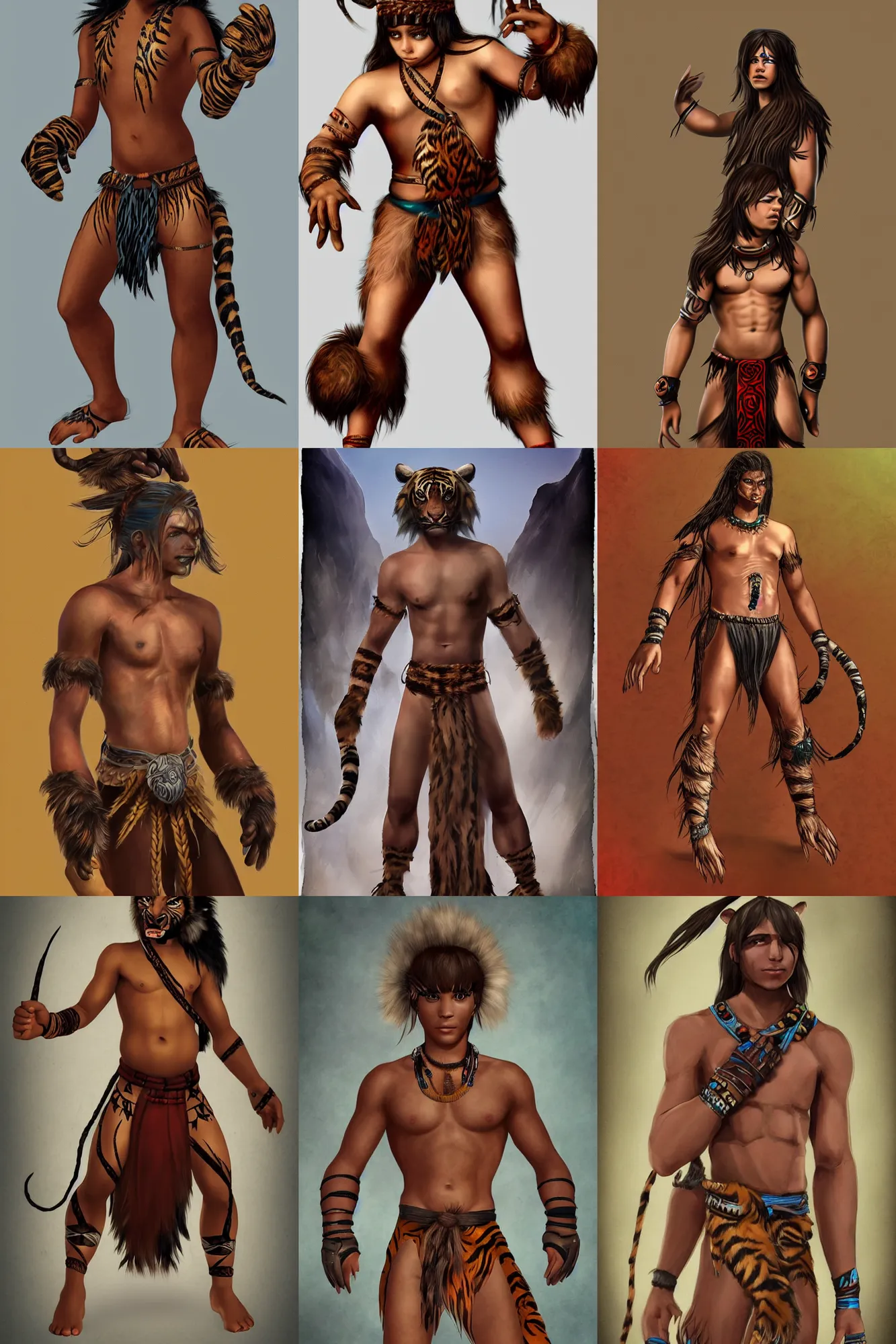 Prompt: digital art of tribal boy with long hair, loincloth, tiger paws as gloves, claws, artstation