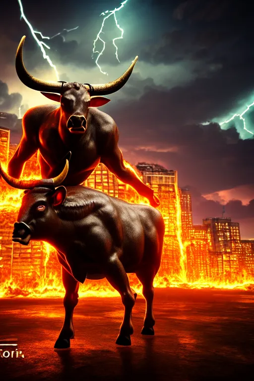 Prompt: photograph of a minotaur standing in front of a city on fire, photorealism, photo-realistic, 4k, highly detailed, octane render, dramatic lightning, by El Greco,