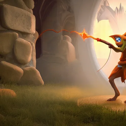 Image similar to a photorealistic render of a mage goblin casting a spell in front of a misty dimensionnal portal in the style of Remi Luizy, ultra detailed, crispy, octane render, 8K, raytracing, lumens, vivid colors, trending on artstation, trending on deviantart