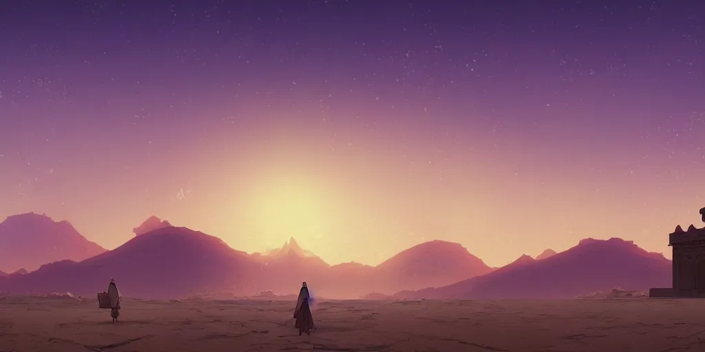 Image similar to a stunning desert landscape with an arabian palace on the horizon by makoto shinkai