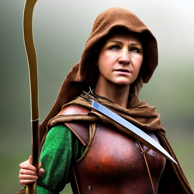 Prompt: female robin hood warrior, highly detailed, 8 k, hdr, smooth, sharp focus, high resolution, award - winning photo