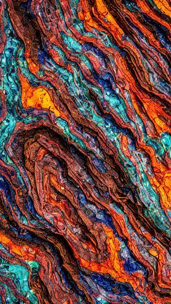 Prompt: vivid color, folded, tessellated planes of rock, alien sedimentary schematic, igneous rock, marbled veins, macro photography, 3D!!! diorama, depth of field with a patina of inlaid circuitry, layers of strata, mineral grains, dramatic lighting, rock texture, sand by James jean, geology, octane render in the style of Luis García Mozos