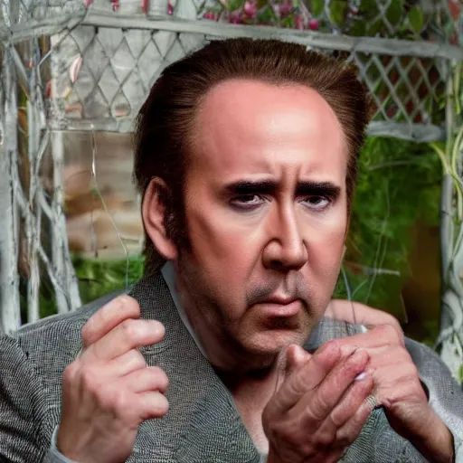 Image similar to nicolas cage trapped in a wicker cage with peas on his face, dying