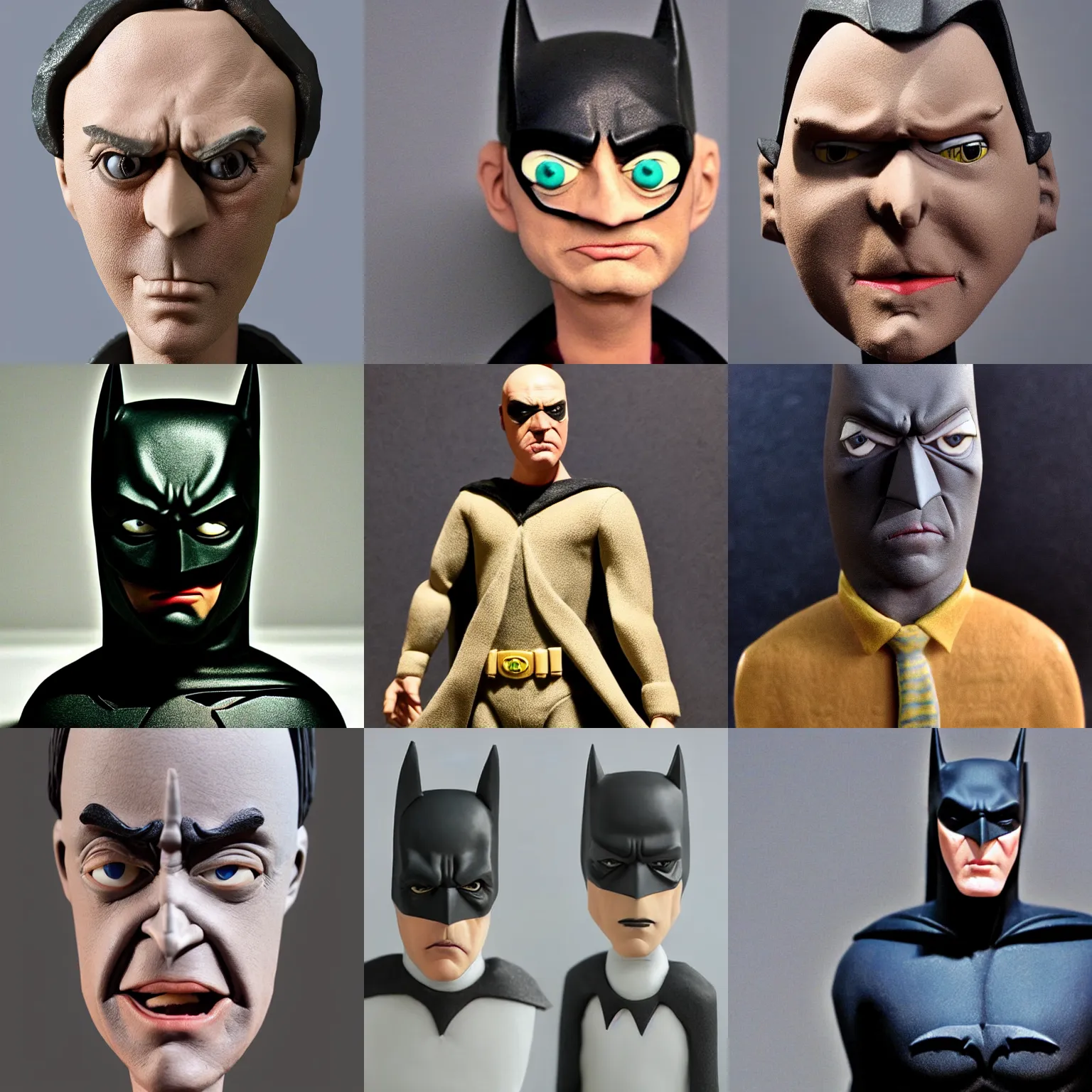 Prompt: michael keaton batman!!! extremely realistic!!! smooth specular clay! extremely close smooth specular sculpted headshot of michael keaton batman clay puppet , soft light dull mood, low saturation, on wooden table. style: claymation puppet kids clay ,by will vinton ,by guldies