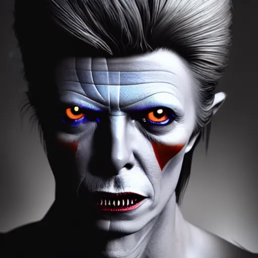 Image similar to David Bowie, character concept, angry light, dark mood, realistic body features and face, illustration, painting oil on canvas by Ayami Kojima and Tomoyuki Yamasaki and Tsutomu Nihei, octane render trending on artstation, 4k, 8k, HD