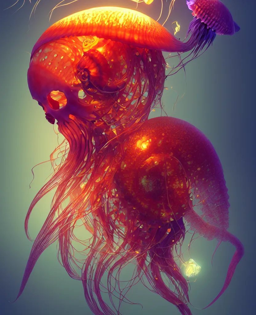 Image similar to human thorax, jellyfish phoenix head, nautilus, orchid, skull, betta fish, bioluminiscent creatures, intricate artwork by Tooth Wu and wlop and beeple. octane render, trending on artstation, greg rutkowski very coherent symmetrical artwork. cinematic, hyper realism, high detail, octane render, 8k