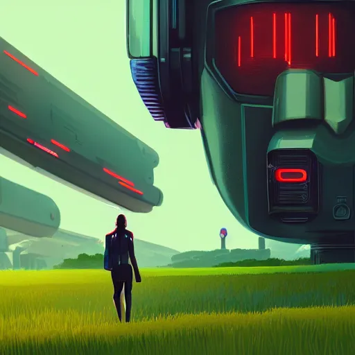 Image similar to a graph - style woman walking across a lush green field, a huge robot head in front of her, cyberpunk art by by james gilleard, cgsociety, retrofuturism, synthwave, retrowave, outrun