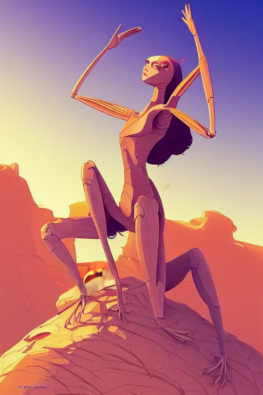 Image similar to preying mantis, desert scene, centered, solid bacgkround, median photoshop filter cutout vector behance, hd by artgerm, jesper ejsing, by rhads, makoto shinkai and lois van baarle, ilya kuvshinov, rossdraws, illustration, art by ilya kuvshinov and gustav klimt