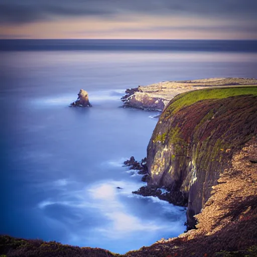 Prompt: deep blue, blue hour, early night, deep blue atmosphere, overcast, low light, black and blue sky, sundown, scattered islands, sea, ocean, low pressure system, cloud with eye, very windy, late evening, distant hotel retreat on cliffside, shining lights on cliff side, polaroid photograph