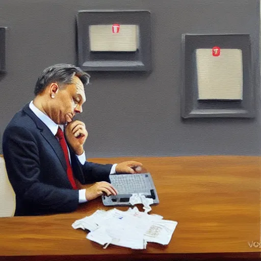 Image similar to viktor orban reading the news on a laptop in a cubicle, oil painting