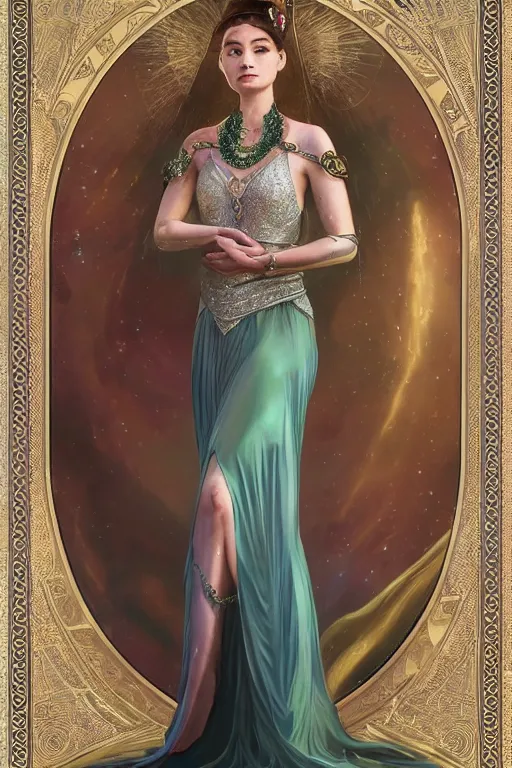 Prompt: a full body tarot card of the ancient empress of dreams, long and beautiful floor length starlight dress with braided silver hem, jade tiara and necklace, space, universe, portrait, highly detailed, deep focus, elegant, digital painting, smooth, sharp focus, illustration, ultra realistic, 8 k, art by artgerm and alphonse mucha