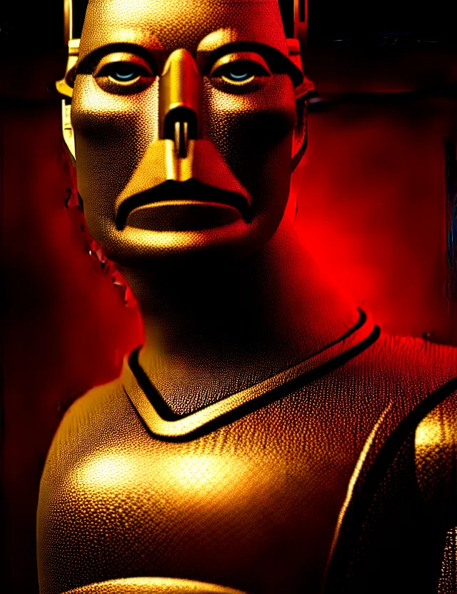 Prompt: complex 3 d render of a beautiful porcelain cyberpunk elon musk face, beautiful eyes. red gold and black, fractal veins. dragon cyborg, 1 5 0 mm, beautiful natural soft light, rim light, gold fractal details, fine lace, mandelbot fractal, anatomical, glass, facial muscles, elegant, ultra detailed, metallic armor, octane render, depth of field