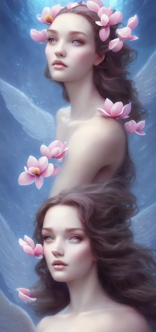 Image similar to character art of a goddess of magnolias as windy dusty underwater angelic young female | | seductive - fine - face, pretty face, key visual, realistic shaded perfect face, fine details by artgerm, wlop, tom bagshaw, james jean, andrei riabovitchev, marc simonetti, trending on artstation