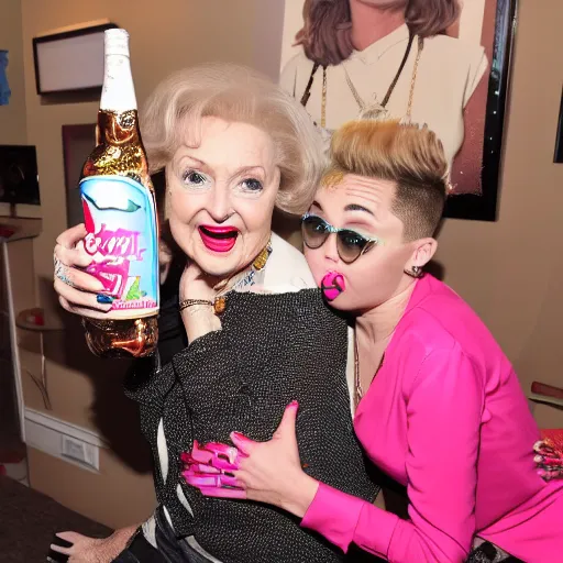 Image similar to betty white drinking white claw with miley cyrus