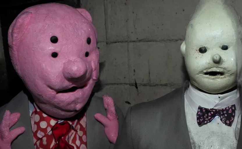 Image similar to mr blobby and noel edmonds waiting for you in a dark alleyway at night, creepy, foggy, silent hill