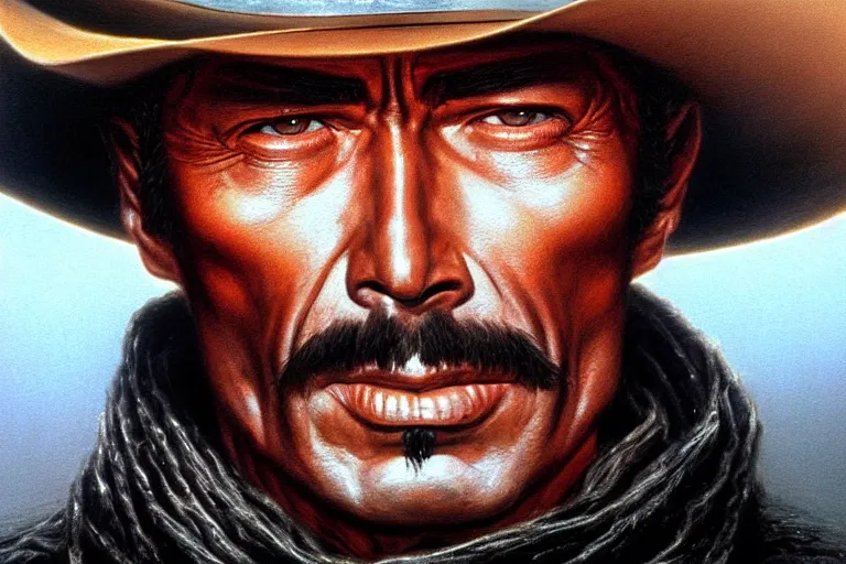 Prompt: close portrait of lee van cleef as a mean cowboy in pale rider ( 1 9 8 5 ). movie still, highly detailed, centered, digital painting, artstation, concept art, smooth, sharp focus, illustration, artgerm, tomasz alen kopera, peter mohrbacher, drew struzan