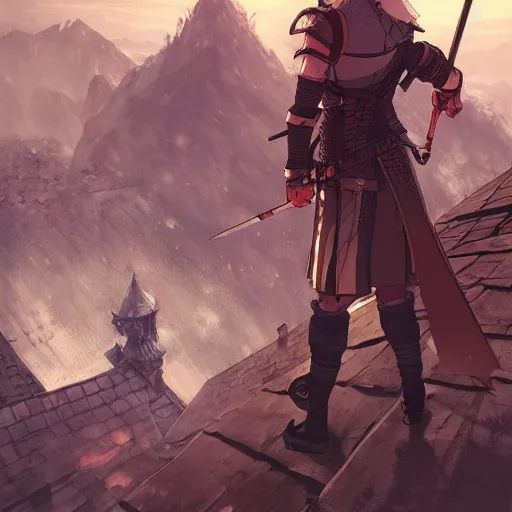 Image similar to Manga art of Witcher at the roof, by Stanley Artgerm Lau, WLOP, Rossdraws, James Jean, Andrei Riabovitchev, Marc Simonetti, Yoshitaka Amano, ArtStation, CGSociety,