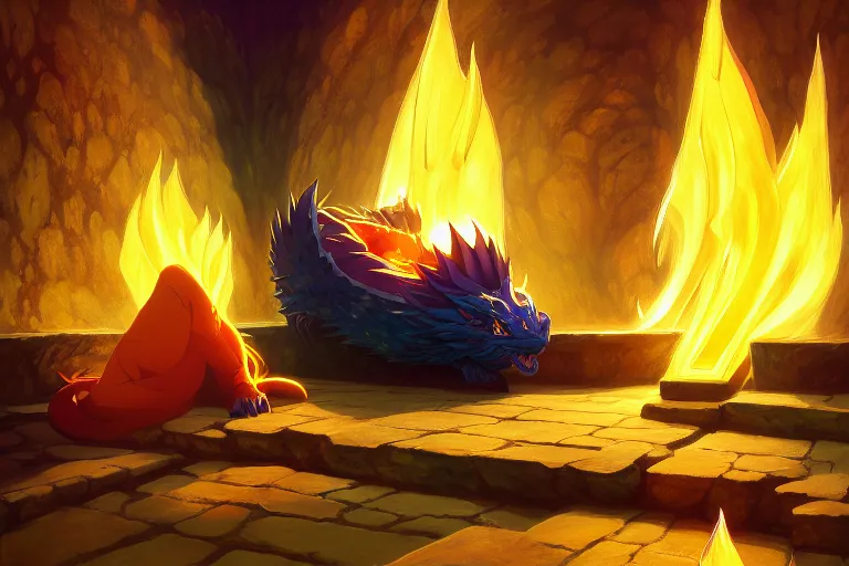 Prompt: anime key visual of majestic prismatic dragon sleeping in a treasury of gold and treasure, great dwarven halls lit by cauldrons of fire, high fantasy, style of jamie wyeth james gilleard edward hopper greg rutkowski acrylic painting, preserved museum piece, historical