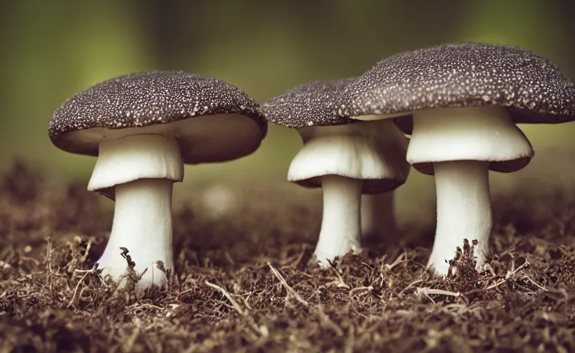 Image similar to a photography from afar of a creepy mushroom family, terrifying, photorealistic, 2 4 mm