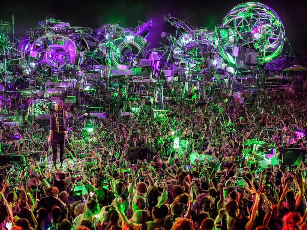 Image similar to a cyborg dj is playing a vast array of highly evolved musical technology on a stage surrounded by an incredible and complex circular robotic structure playing highly evolved music overlooking a crowd at a forest festival lit by fire