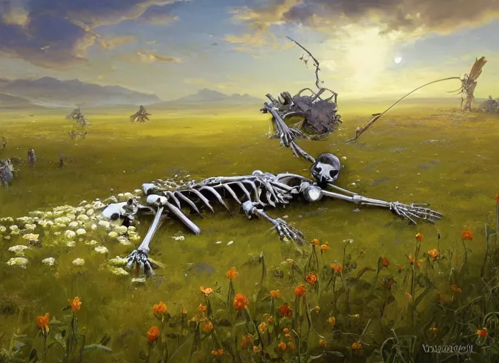 Image similar to a knight's skeleton killed long ago lays in a vast flower field in the cosmic sky by vladimir volegov and alexander averin and peder mørk mønsted and adrian smith and raphael lacoste