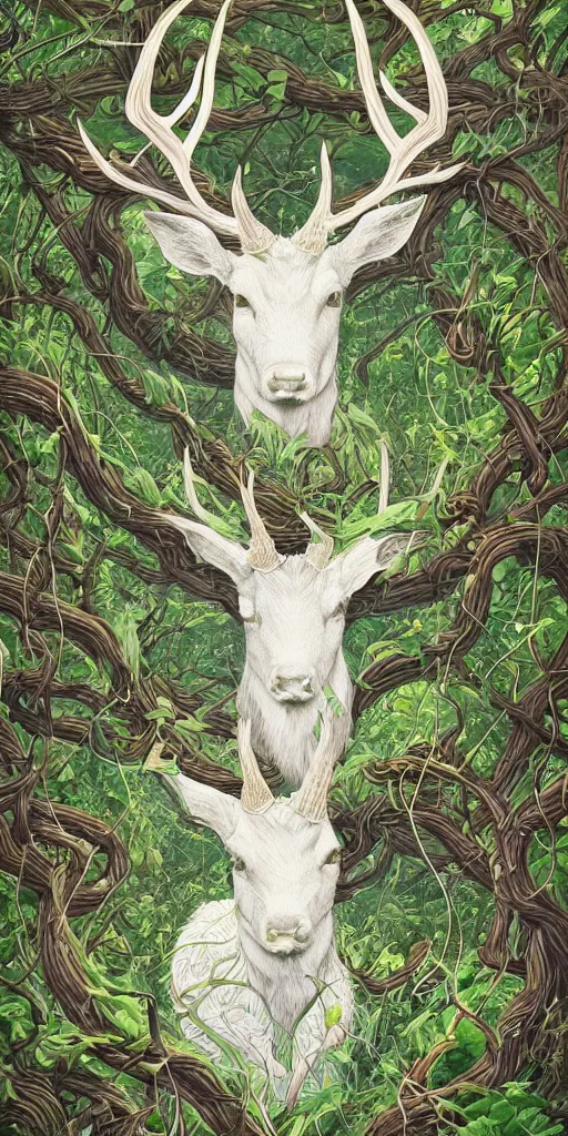 Prompt: highly detailed portrait of a white stag with vines entwined with its antlers by roger dean and alena aenami, dynamic lighting