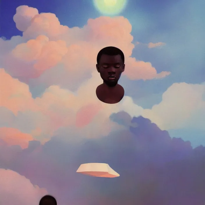 Image similar to UFO hovering over an African Jesus , clouds, colorful, painting by Hsiao-Ron Cheng,