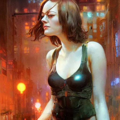 Prompt: emma stone, hyperrealistic full figure, bladerunner street alley, art of elysium by frank frazetta and by jeremy mann and by alphonse mucha, fantasy art, photo realistic, dynamic lighting, artstation, full figure poster, volumetric lighting, very detailed face, 4 k, award winning